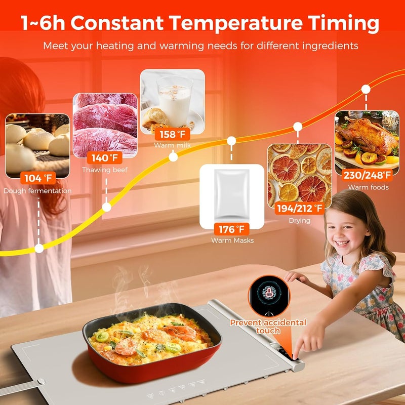 BROBIG Food Warming Mat | Max Temp 248℉,Electric Warming Tray with Timer and 8-Level Adjustable,Fast Full-Surface Heating Mat for Food with Child Lock,Roll-Up & Portable Silicone Food Warmer for Buffet Party - Image 3